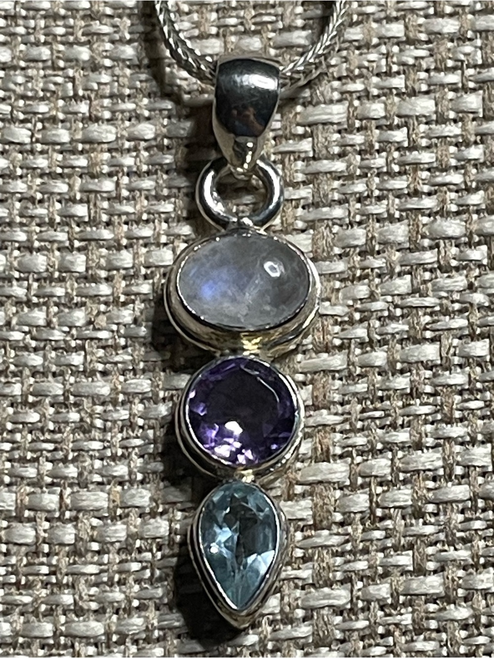 Artisan Made Moonstone-Amethyst-Aquamarine pendant 18” chain total length20.5”